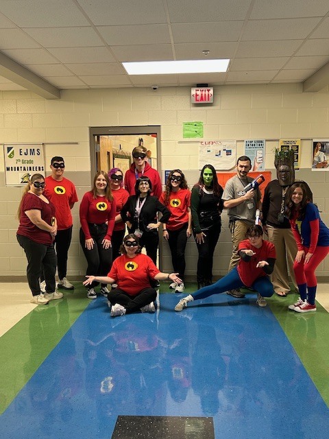 EJMS students and staff celebrating spooky season with fun costumes!