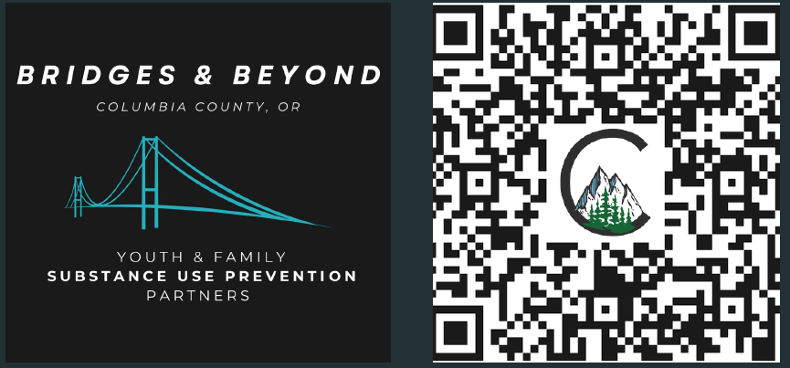 Bridges and Beyond Columbia County, OR Youth and Family substance use prevention partners logo and QR code for survey