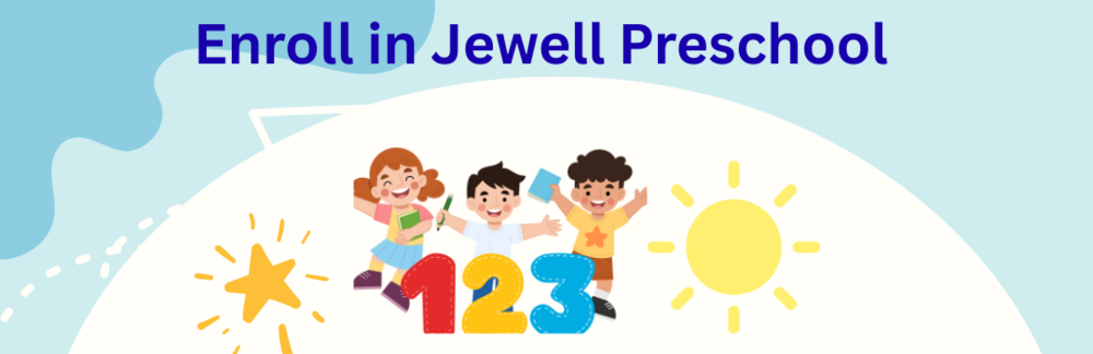 Enroll in Jewell Preschool. Children dancing with their arms raised, and 123 in the foreground.