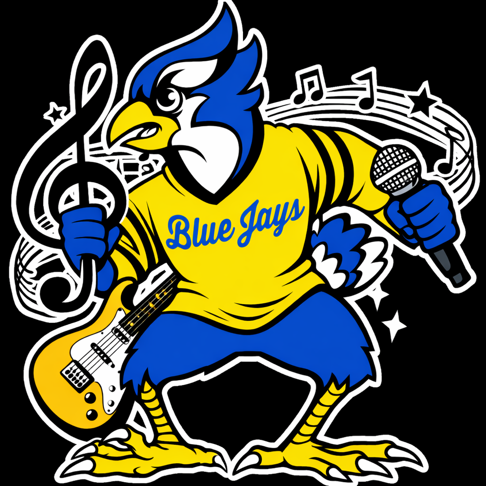Bluejay holding a microphone, with a guitar and music note in the background.