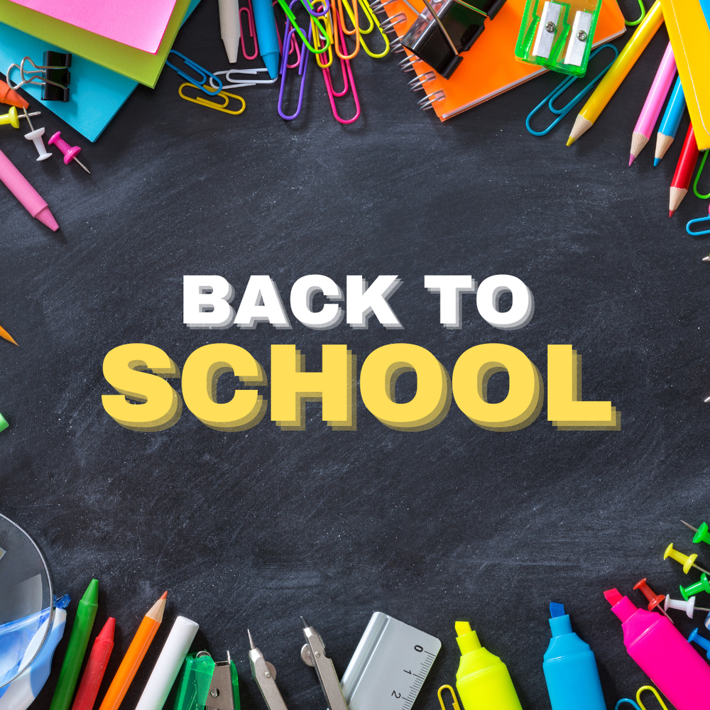Black chalkboard with colorful school supplies and "Back to School" written in white and yellow.