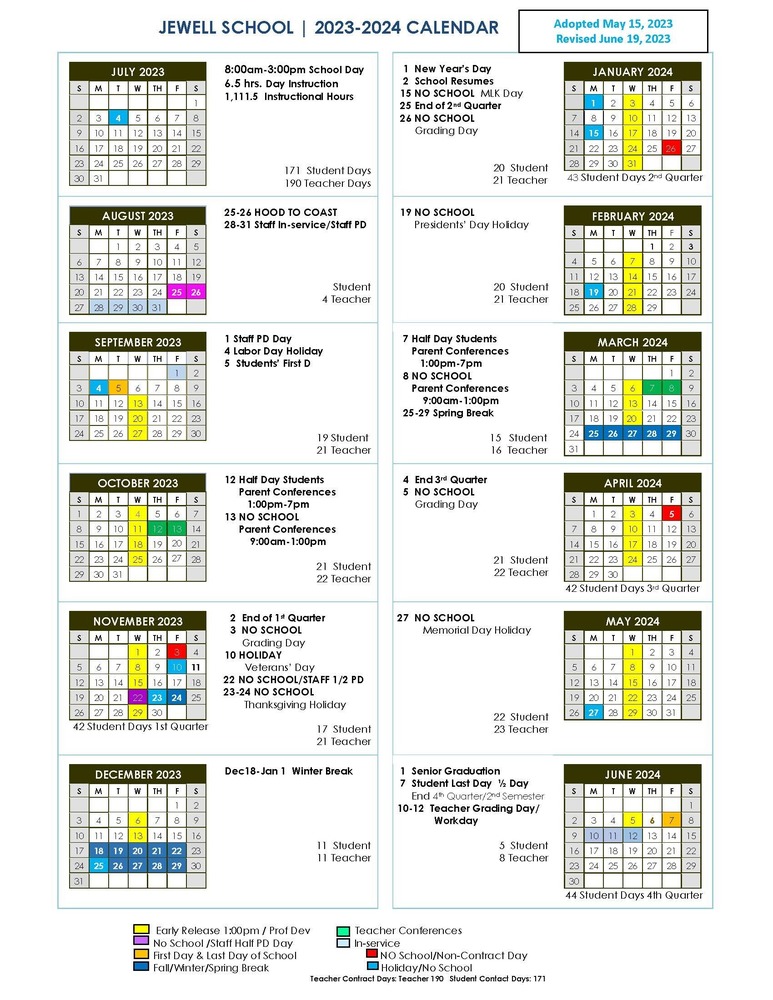 District Calendar for 2023-2024 | Jewell School