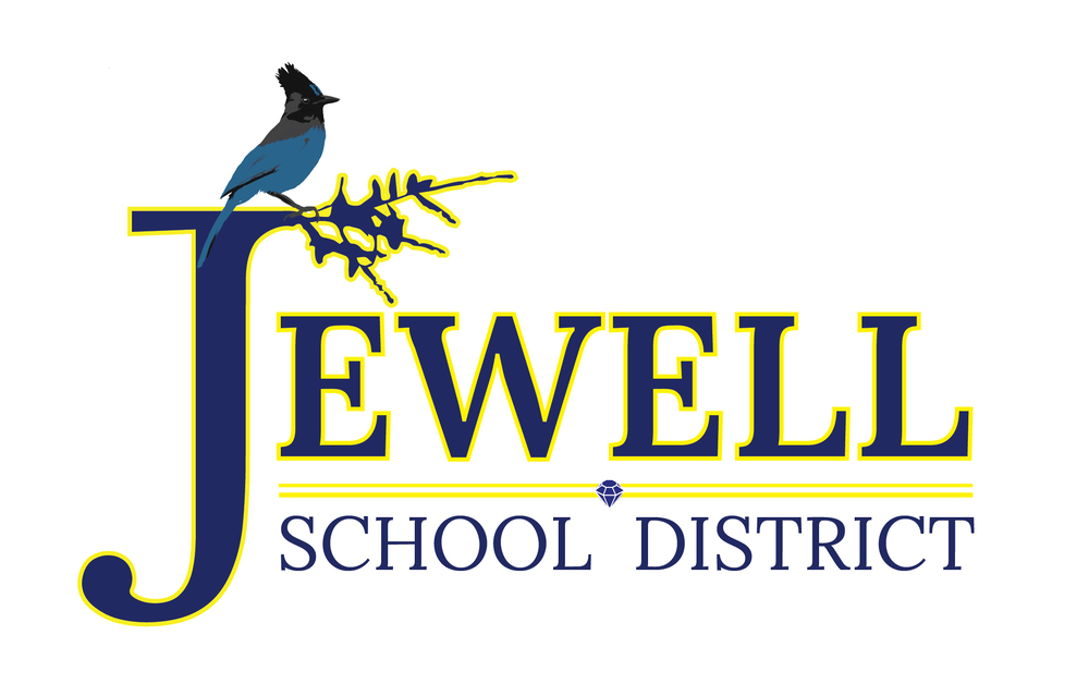 Jewell School District text with a bluck and black scrub jay sitting on the J