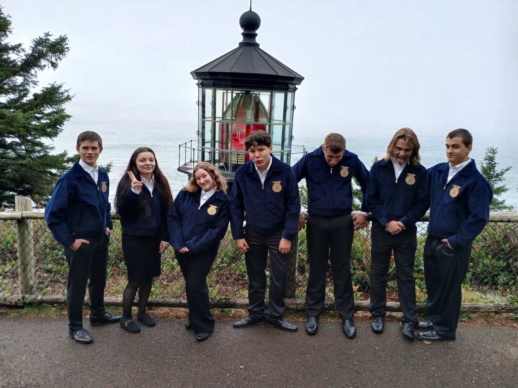 FFA students with funny faces at Cape Meares Light house.
