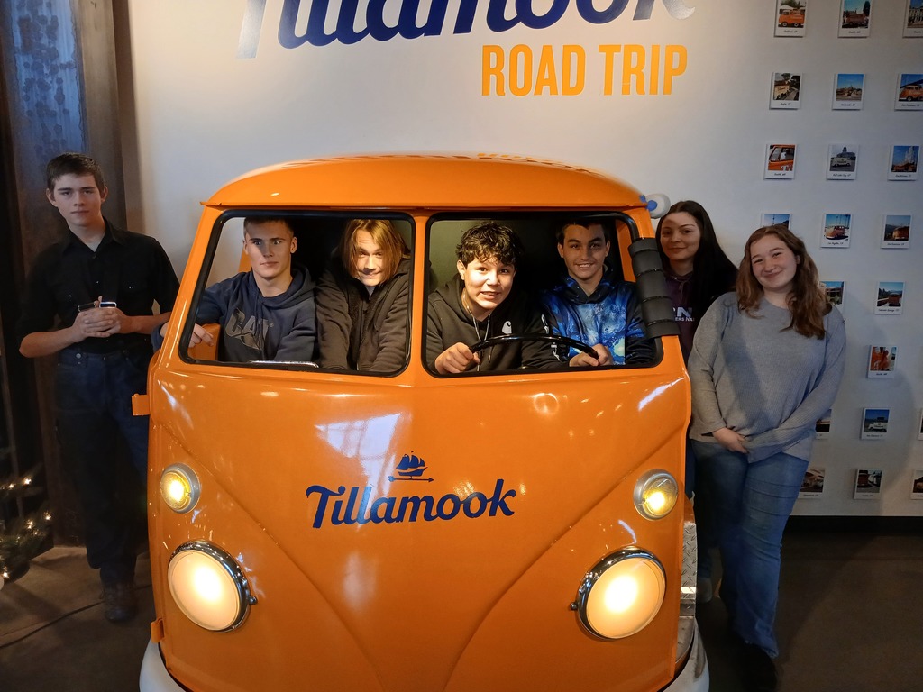 FFA students squeezing in the Tillamook VW Van.