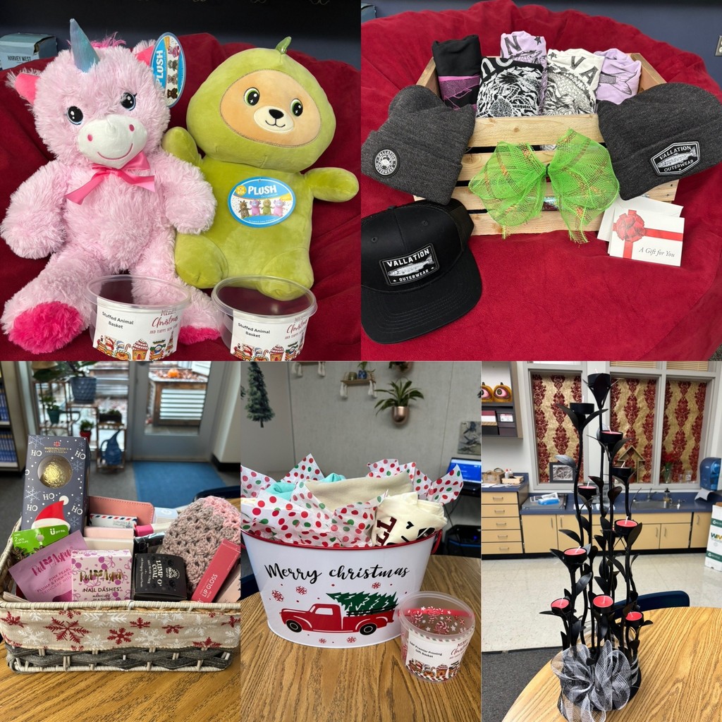 Collage of silent auction and raffle items including stuffed animals with Enchanted Forest tickets, a Valhalla clothing gift set, a holiday beauty basket, a Christmas gift bucket, and a tall metal decorative flower sculpture.