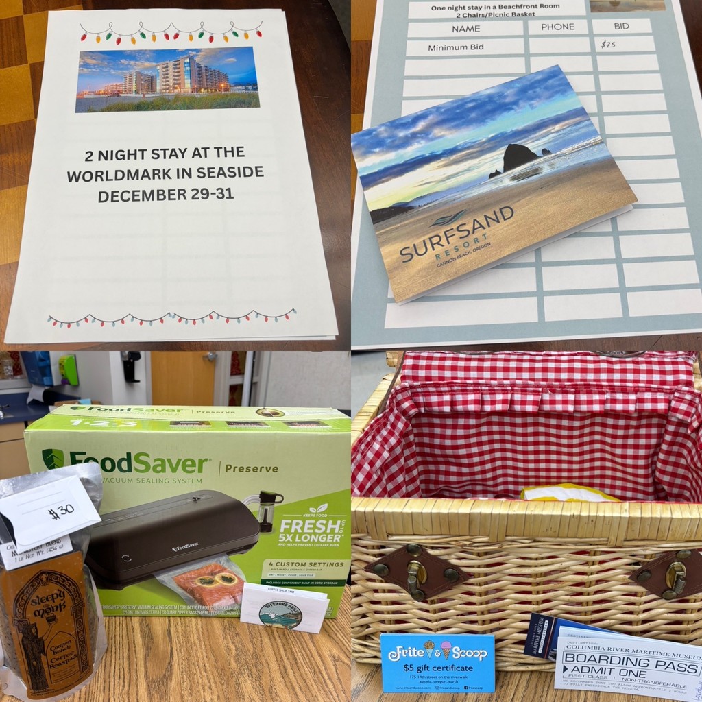 Collage of silent auction and raffle items including a Seaside WorldMark stay flyer, Surfsand Resort certificate, a FoodSaver set with extras, and a picnic basket with Frite & Scoop gift card and museum pass.
