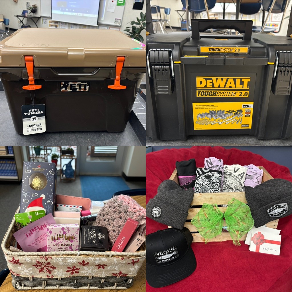 Collage of silent auction and raffle items including a Yeti Tundra cooler, a DeWalt ToughSystem toolbox, a holiday beauty basket, and a Valhalla clothing gift set.