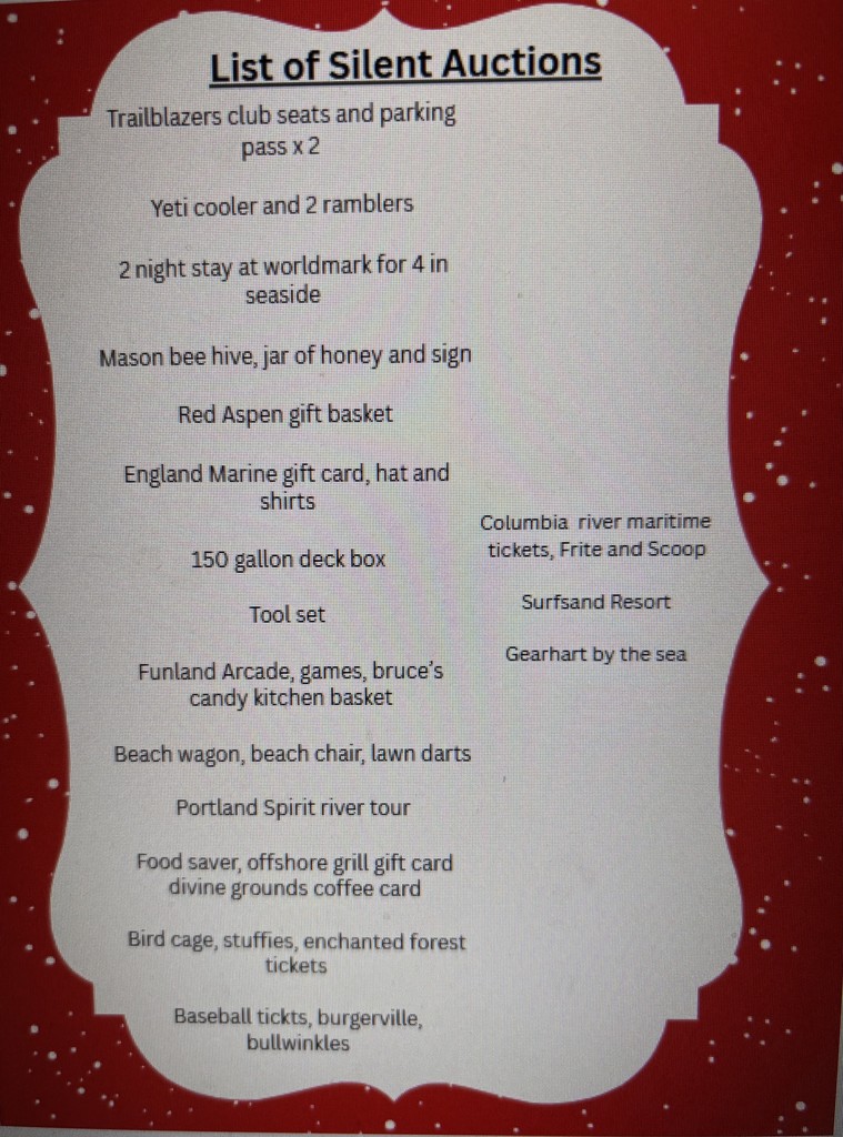 Flyer titled ‘List of Silent Auctions’ on a red background with white decorative border, listing donated items such as Trailblazers club seats, Yeti cooler, Seaside stay, gift baskets, marine gift cards, beach items, resort stays, and activity tickets.