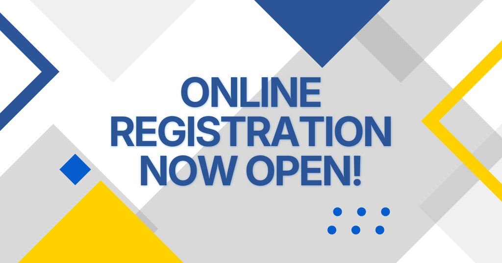 Online registration now open? banner with yellow, blue, and gray squares in the background.