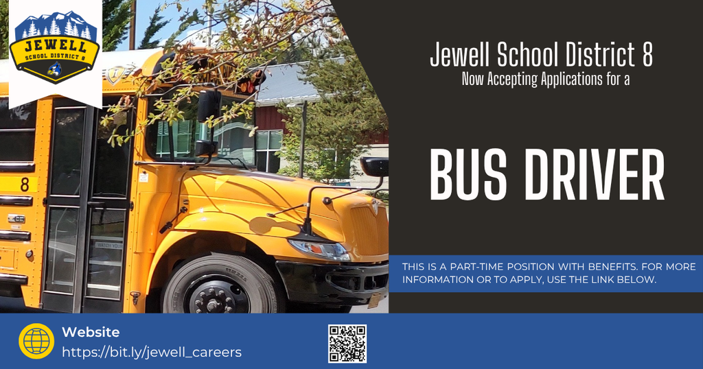 Jewell School District 8 hiring graphic for a part-time Bus Driver position with benefits, featuring a yellow school bus, application details, and a QR code with link to bit.ly/jewell_careers.