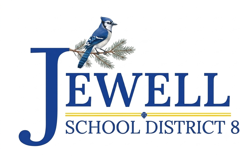 Bluejay sitting on a fir tree branch that is to connected to the J in Jewell school district.
