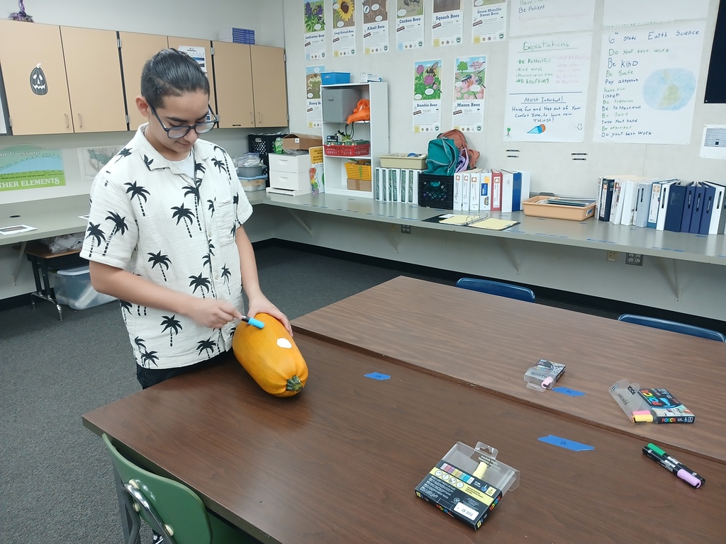 Students using paint pens to decorate their Halloween pumpkins.