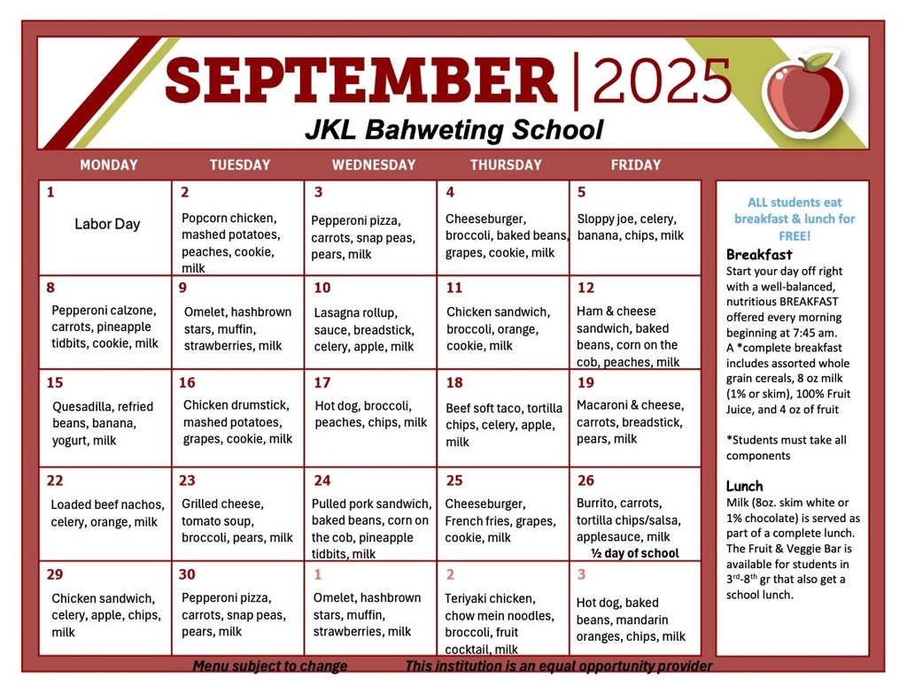 September 2025 Lunch Menu