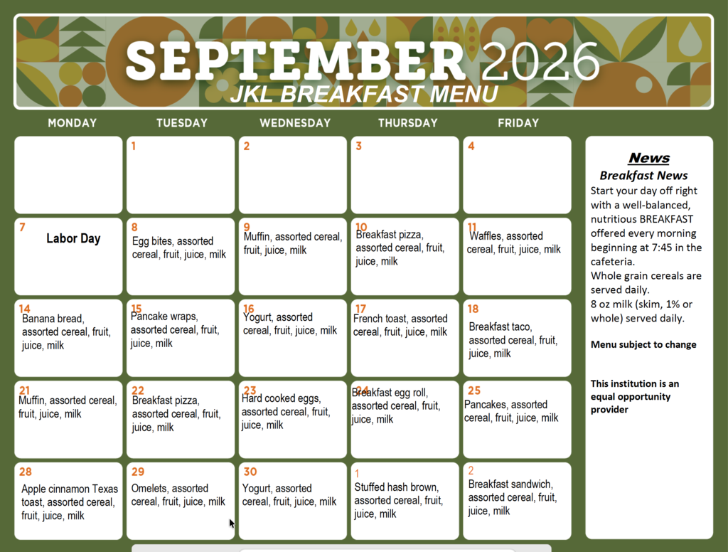 September Breakfast Menu