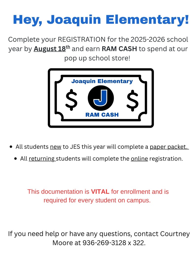 Show that your REGISTRATION is complete for JES and earn RAM CASH to spend at our pop up school store! Students will "shop" on the 20th! 