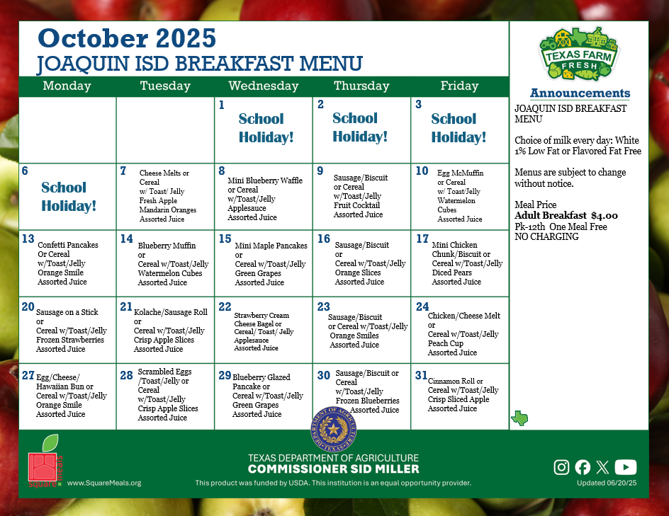 October Breakfast Menu
