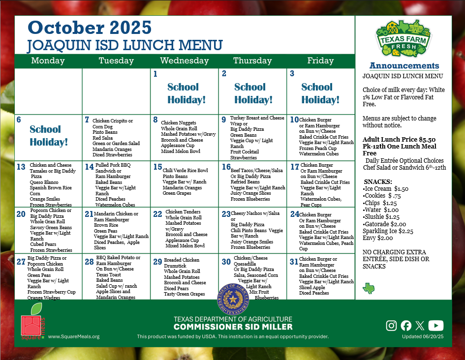 October Lunch Menu