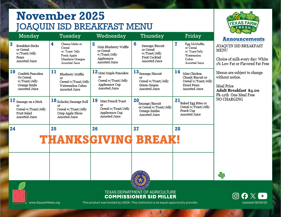 November Breakfast Menu