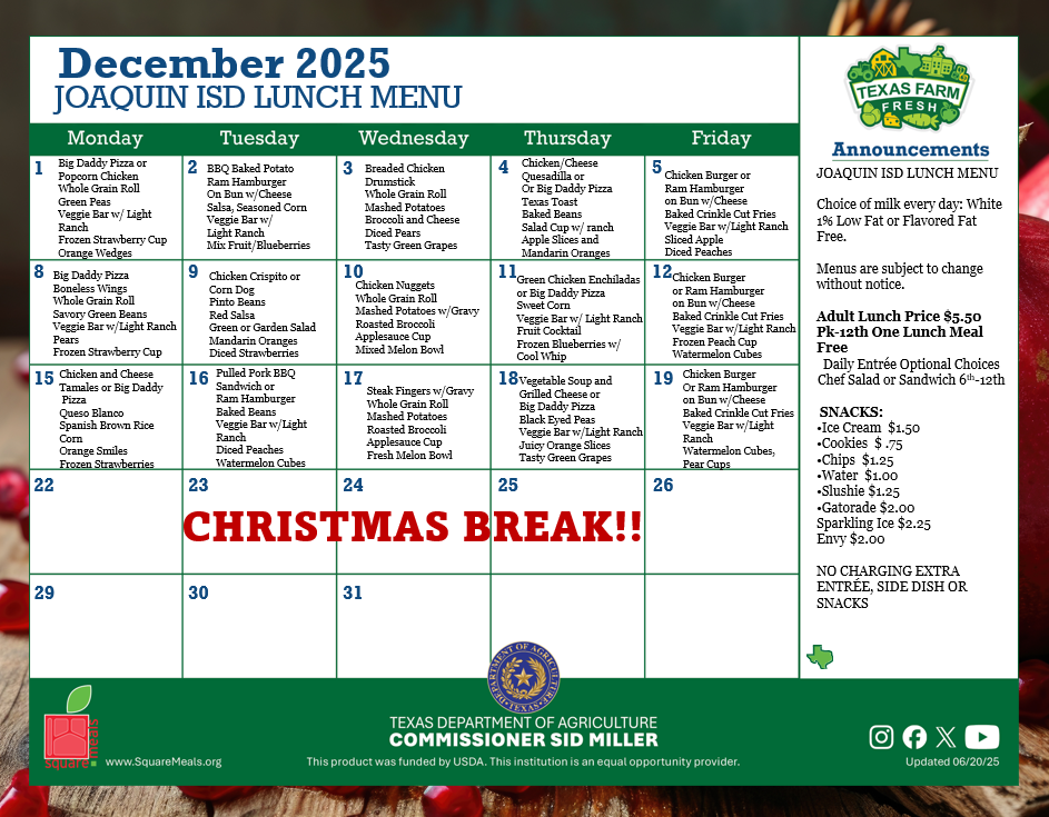 December Lunch Menu!