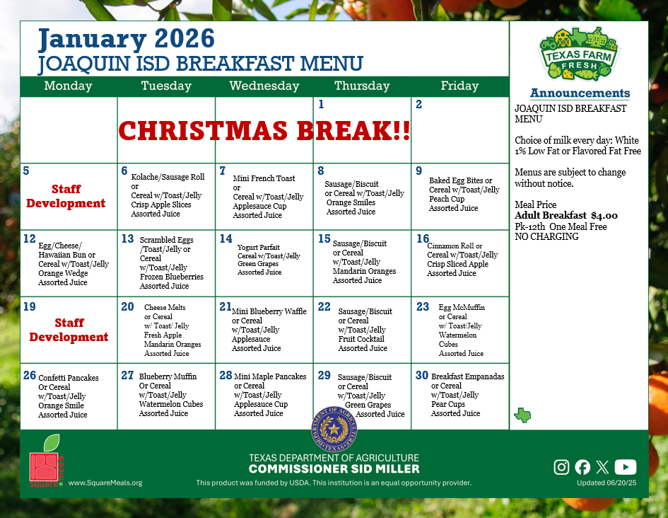 January Breakfast Menu!