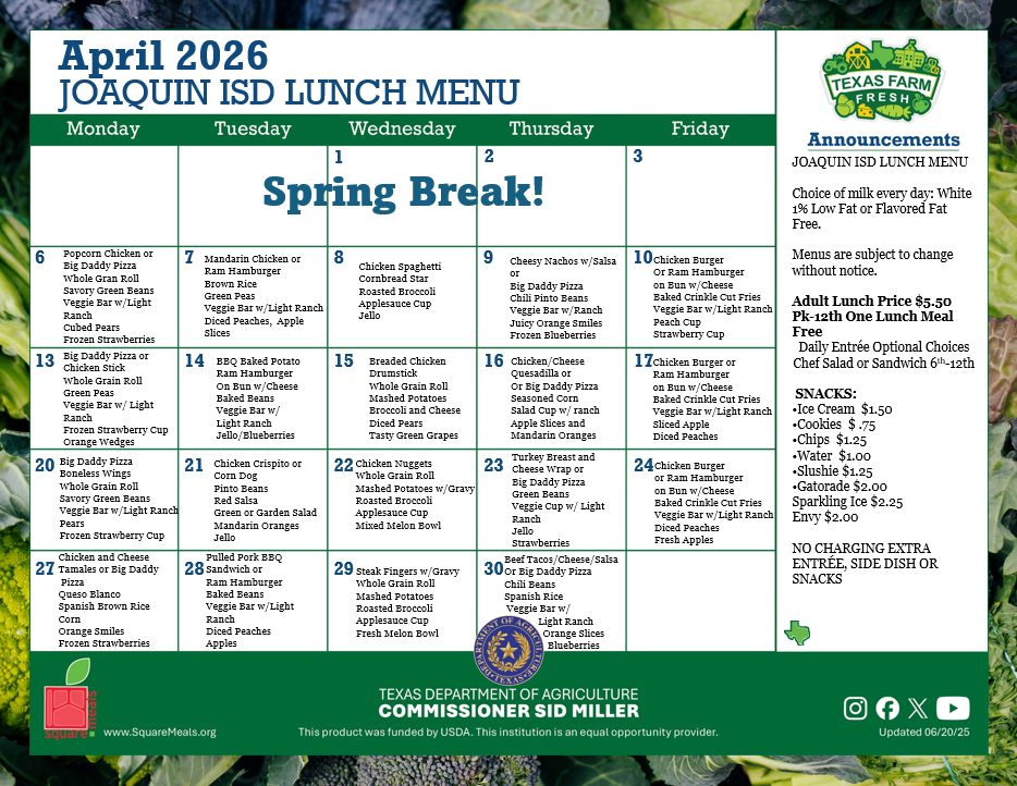 April Lunch Menu!