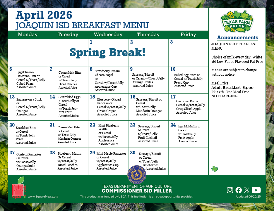 April Breakfast Menu!