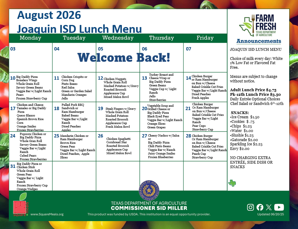 August Lunch Menu!