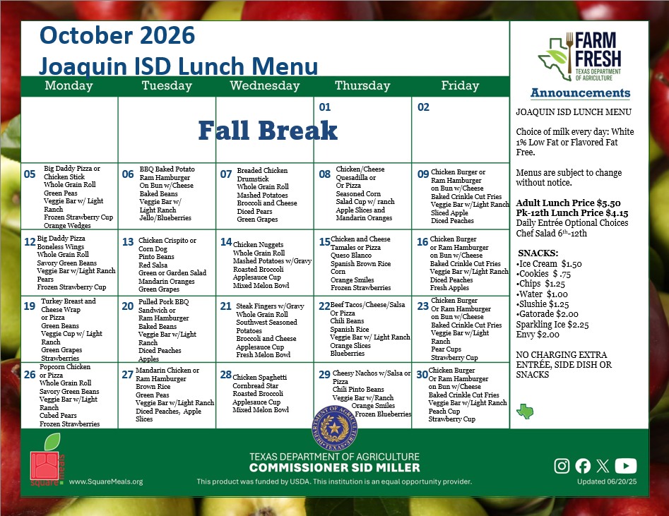 October Lunch Menu