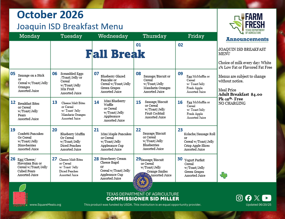 October Breakfast Menu