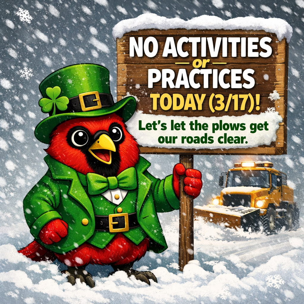 Cheerful cardinal leprechaun in snow- no activities today