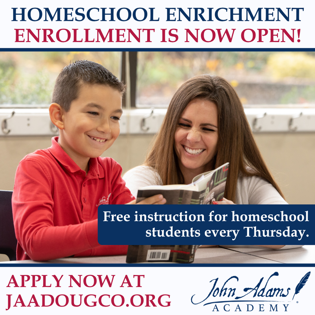 Graphic advertising a homeschool enrichment program featuring a student and teacher reading a book.