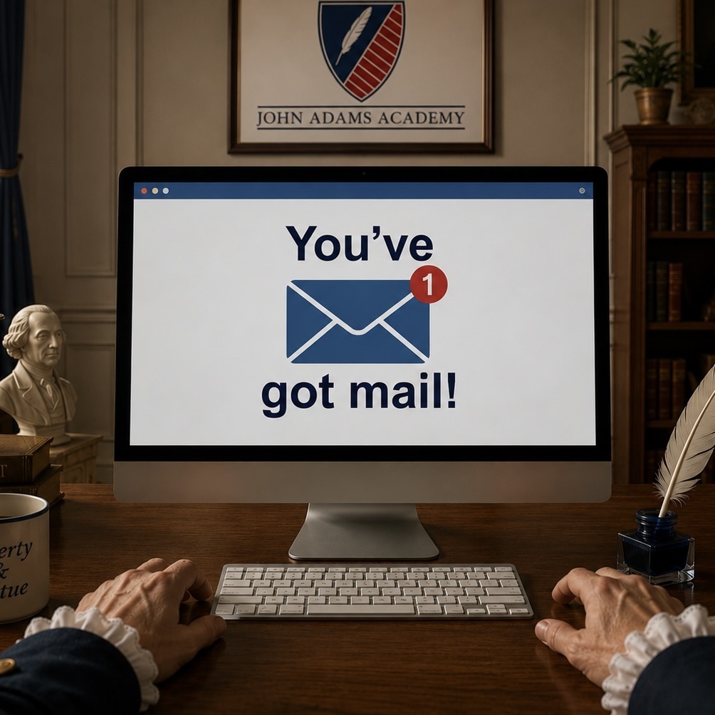 Looking at a computer that says "You've got mail!"