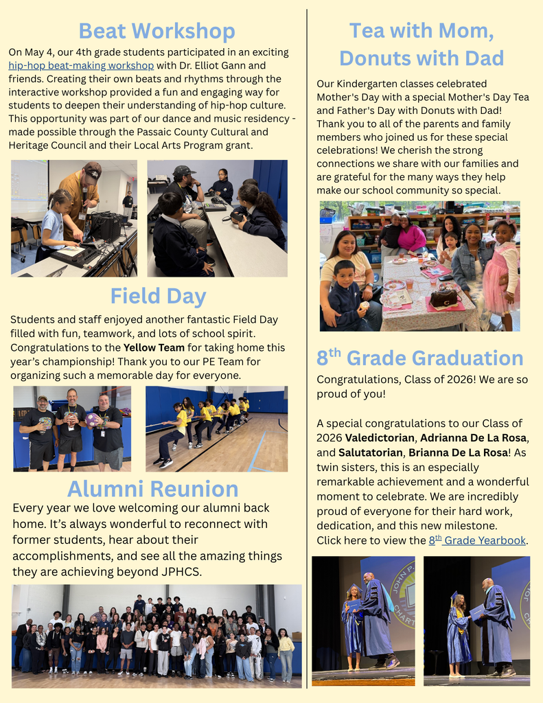Hi JPHCS Families! The Marking Period 4 Charter Chatter is here! Take a look back at all the exciting events, including tons of school activities, sports highlights, special celebrations, and memorable moments from the end of the school year. hope you enjoy this final edition of the Charter Chatter and wish everyone a safe and happy summer!