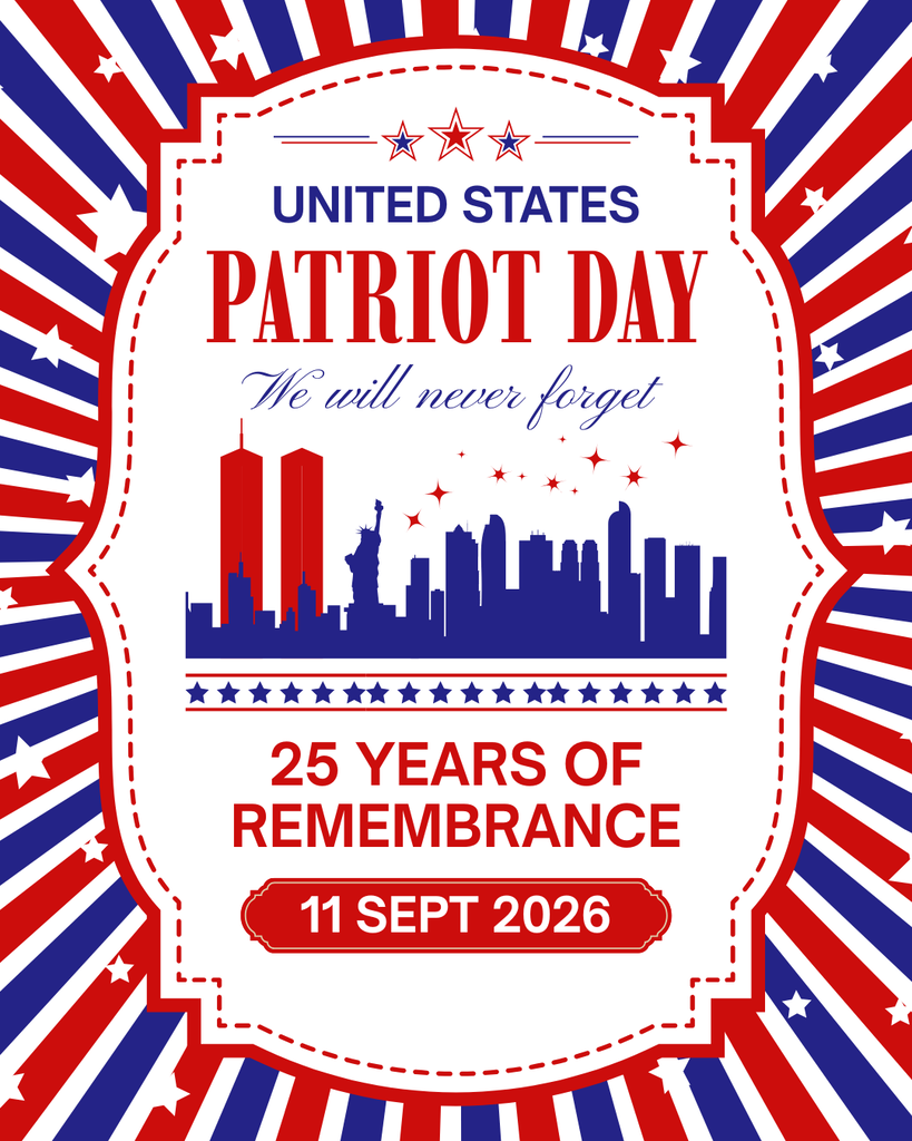 A poster for Patriot Day with the words "United States Patriot Day" at the top. It shows the Twin Towers with the Statue of Liberty.
