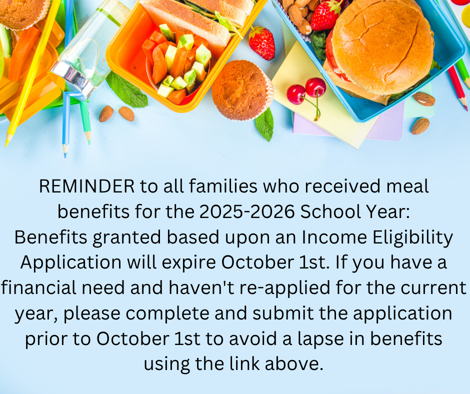 Food items, including sandwiches, fruits, and nuts, on a blue background with a reminder text about meal benefits expiration.