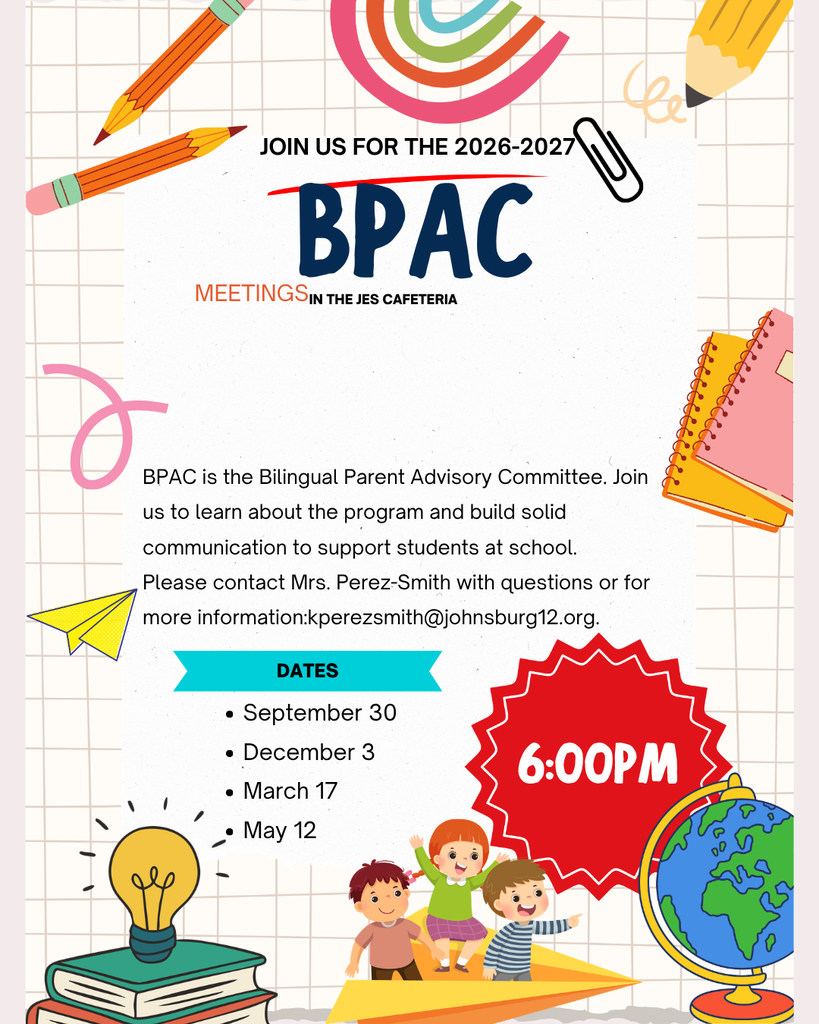 A colorful flyer invites parents to BPAC meetings. It features icons of books, a globe, pencils, and children.