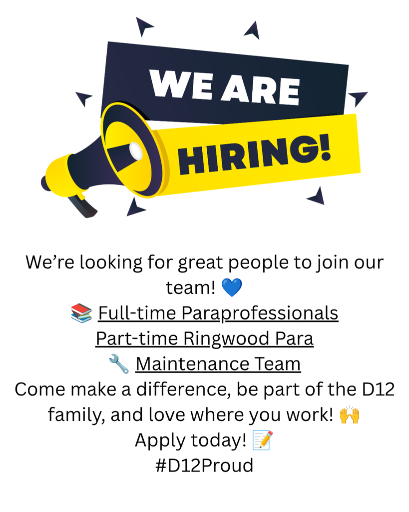 A yellow and black sign with a megaphone features a message that reads, "We are hiring!" It lists opportunities for full-time Paraprofessionals and part-time Ringwood Para Maintenance Team.