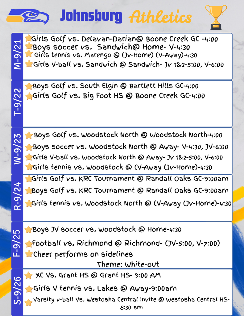 Weekly Athletic Calendar 9/21