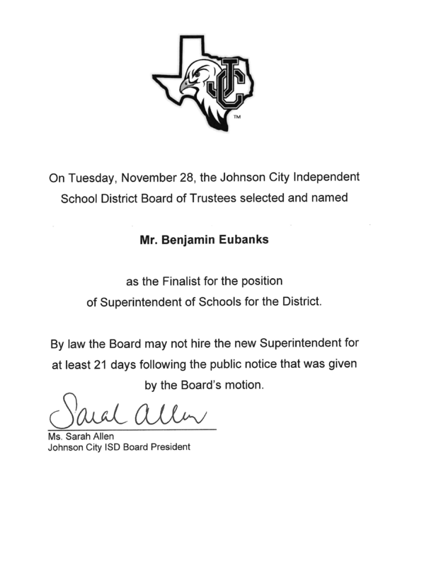 Lone Finalist Selected for Superintendent of Schools Johnson City ISD