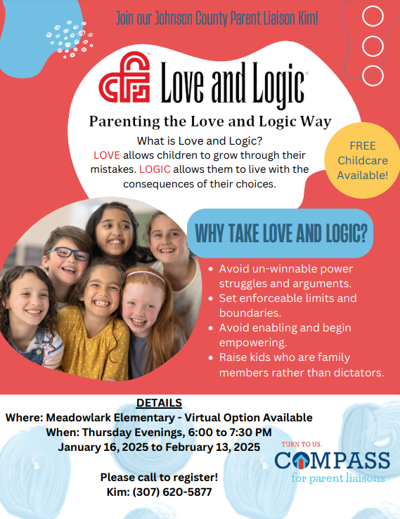 Love and Logic. Parenting the love and logic way. MDLK Thursday evenings 6 - 7:30 pm. Jan 16 - Feb 13 Please call to Register. Kim @ 307-620-5877