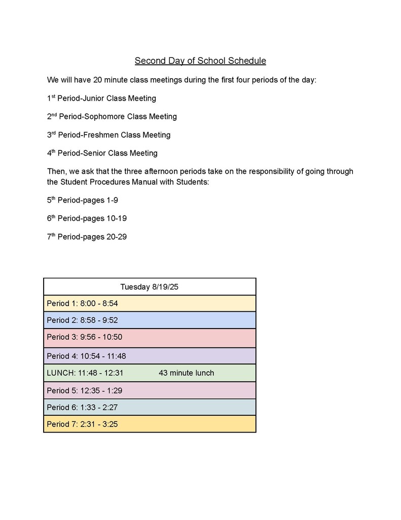 BHS 2nd day of school schedule