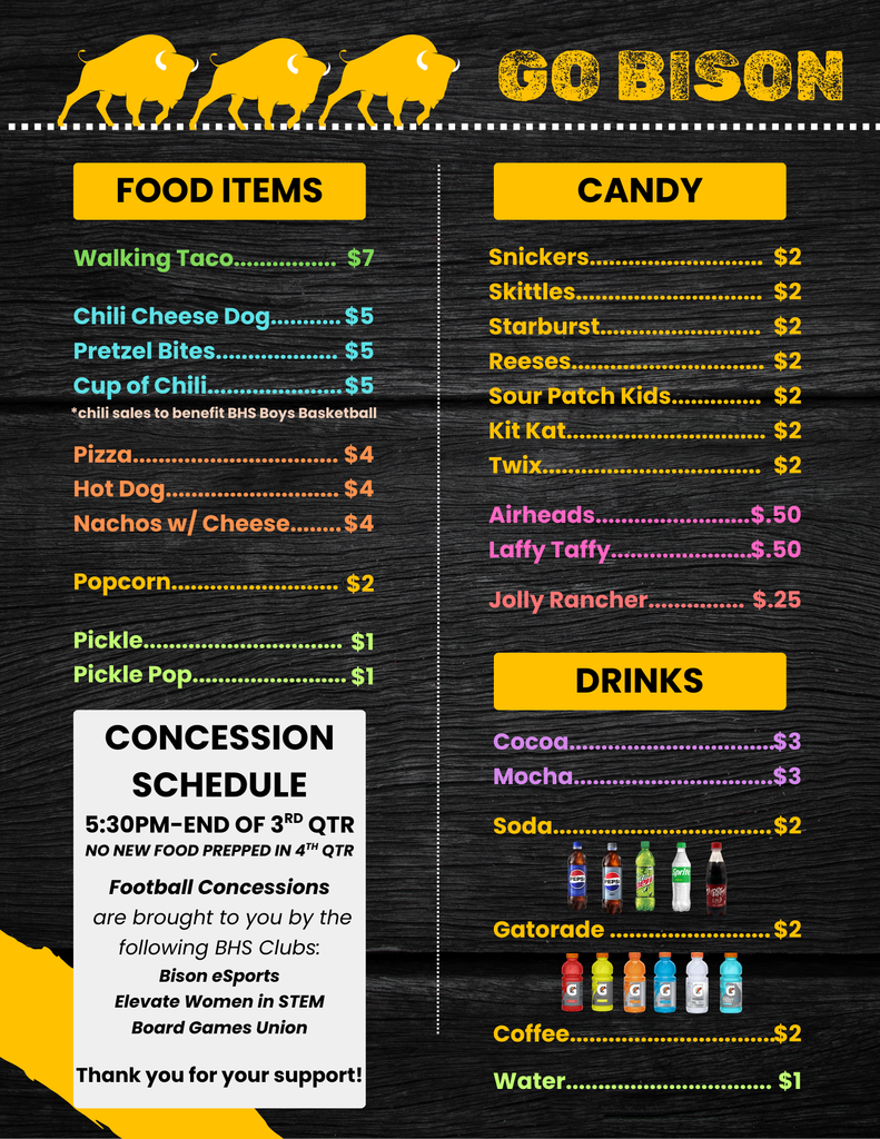Football Concessions Menu