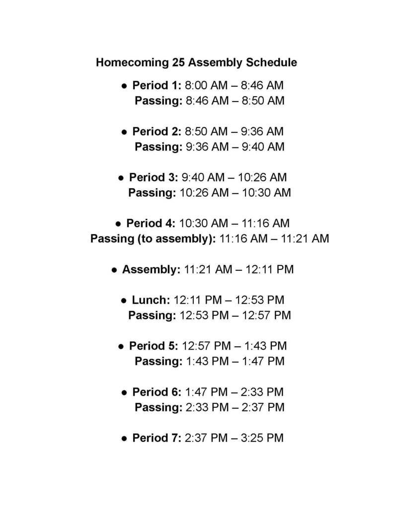 Monday October 6th Homecoming assembly schedule