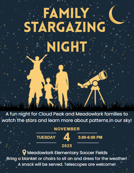 Family Stargazing Night Nov 4th from 5:00-6:00pm . See flyer for additional information!
