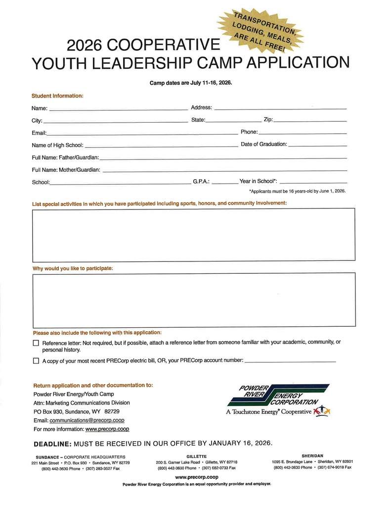 2026 Cooperative Youth Leadership Camp Application