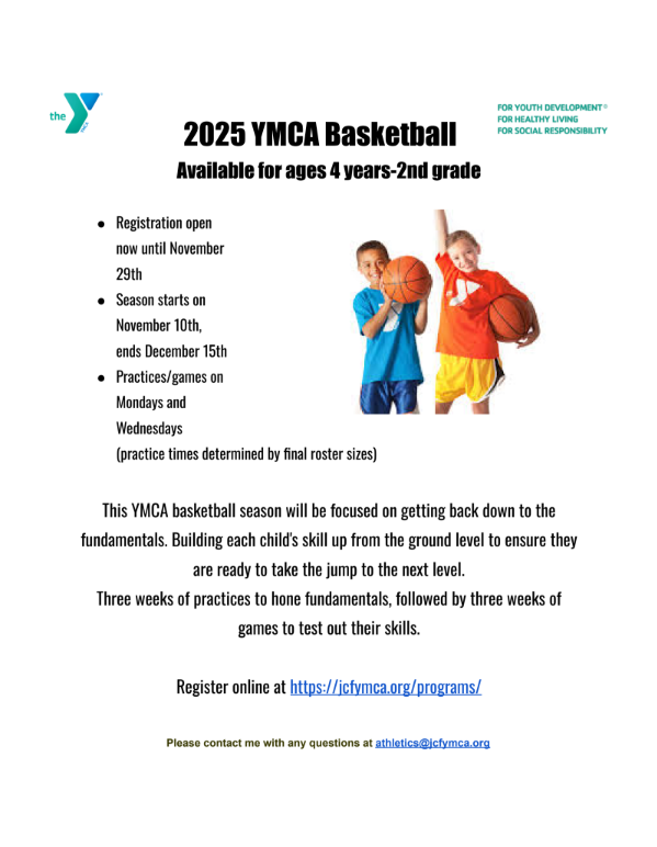 YMCA Basketball Opportunity. Please see flyer for additional information.