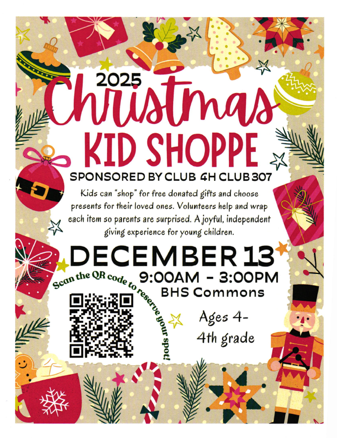 MES: Christmas Shoppe is at BHS on December 13 from 9-3. See flyer for additional information!