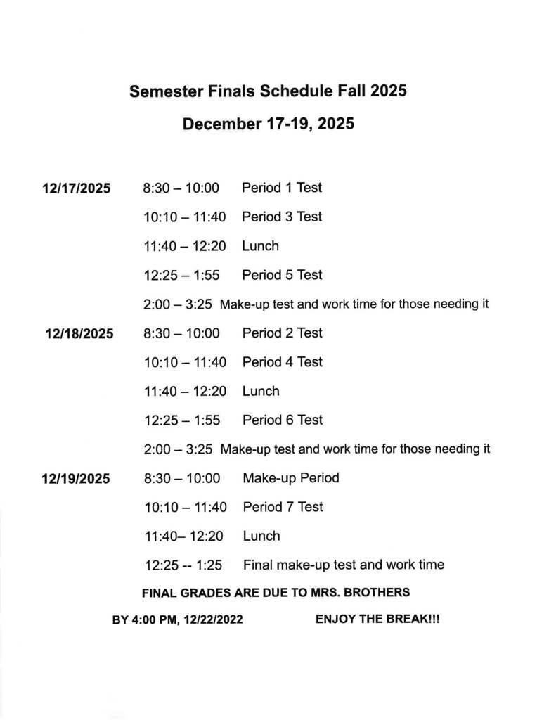 Semester Test Schedule