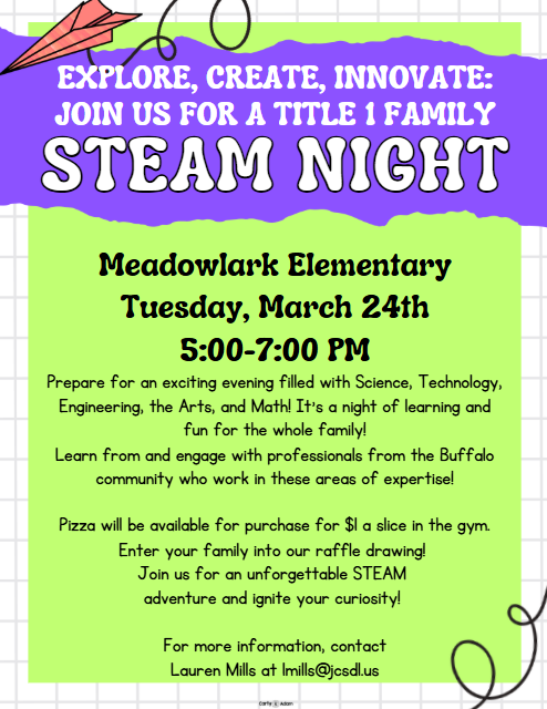 Save the date!! MDLK Steam night is Tuesday March 24 from 5-7. Pizza available for $1 a slice! See flyer for additional info